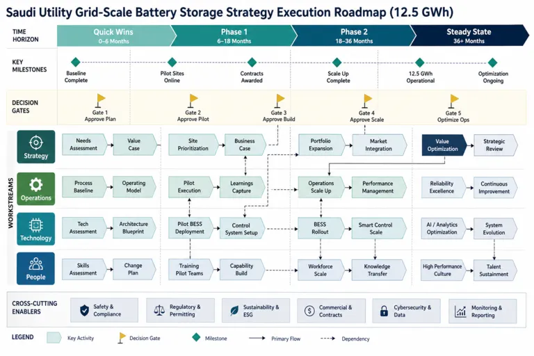 Roadmap — حلول تخزين الطاقة الناشئة في المملكة العربية السعودية: أنظمة البطاريات، والهيدروجين، ومرونة الشبكات الكهربائية