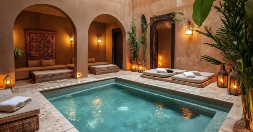 Moroccan style hotel room with pool and luxury spa beds